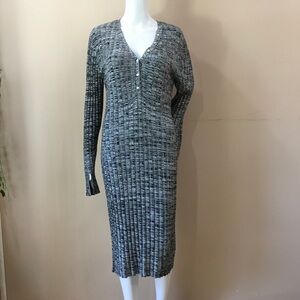Willow & Wind midi dress grey ribbed knit stretchy long sleeve v neck button